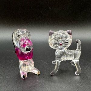 Vintage Set of 2 Lucky Clover Plastic Crystal Pets Dog Cat 3” Ornaments Lucite